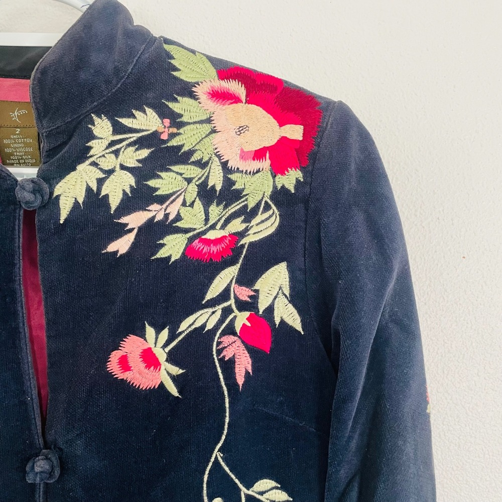 FEI Anthropologie Navy Velvet Embroidered Floral Jacket Mandarin Collar Womens 2 - Picture 7 of 14